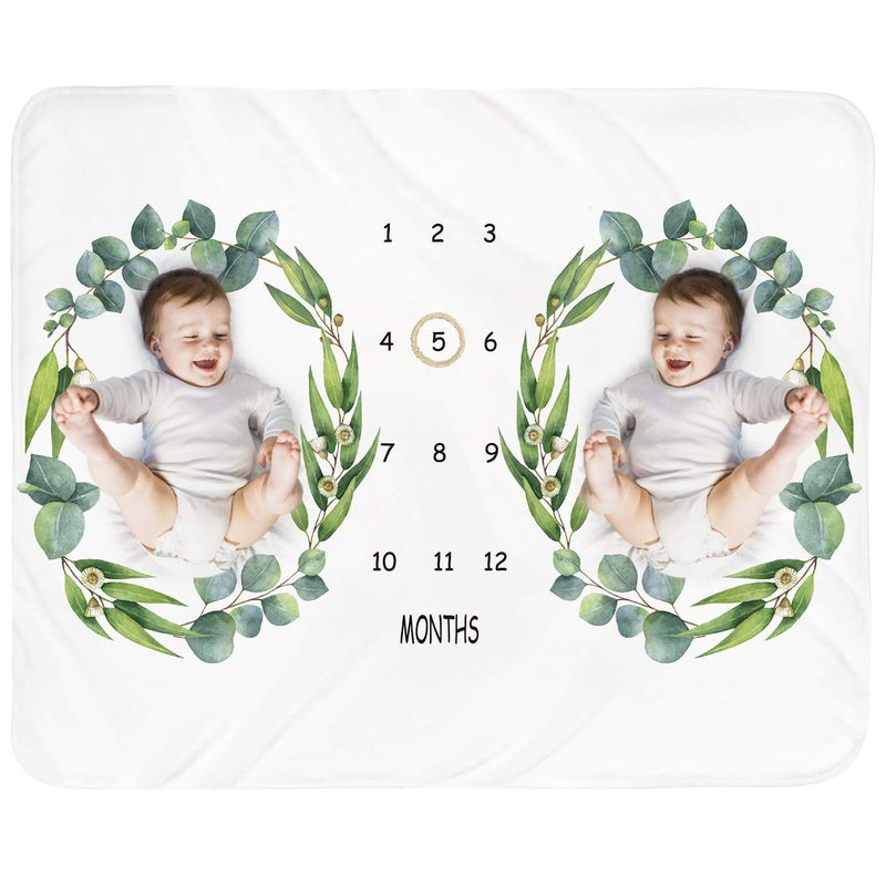 Tebaby Baby Monthly Milestone Blanket Twins - Newborn Month Blanket Unisex Neutral Personalized Shower Gift Leaf Nursery Decor Photography Background Prop with Wooden Wreath Large 51''x40'' - Image 1